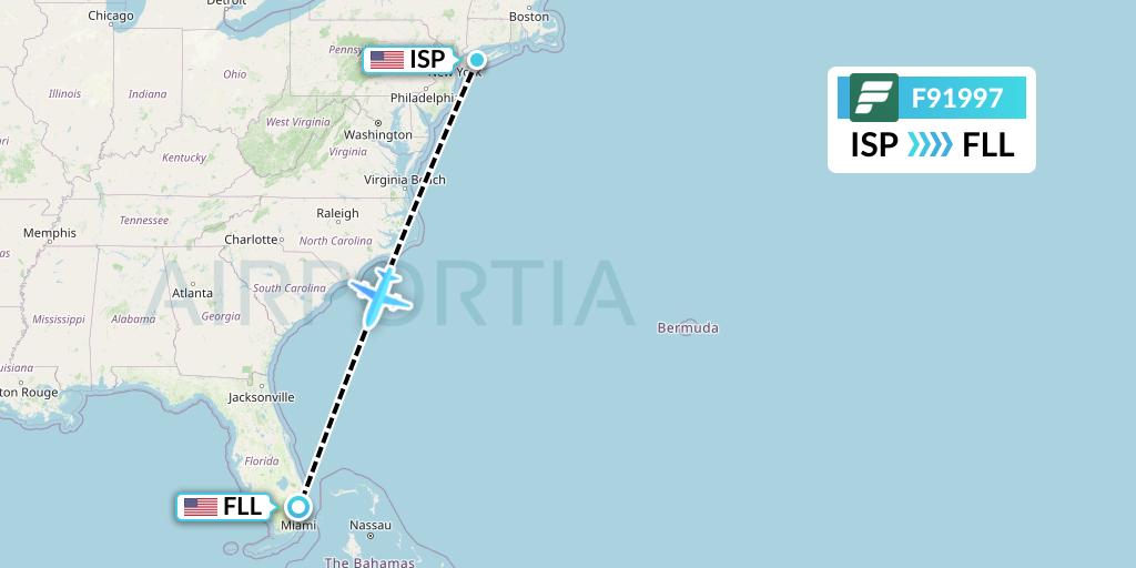 F91997 Frontier Airlines Flight Map: Islip to Fort Lauderdale