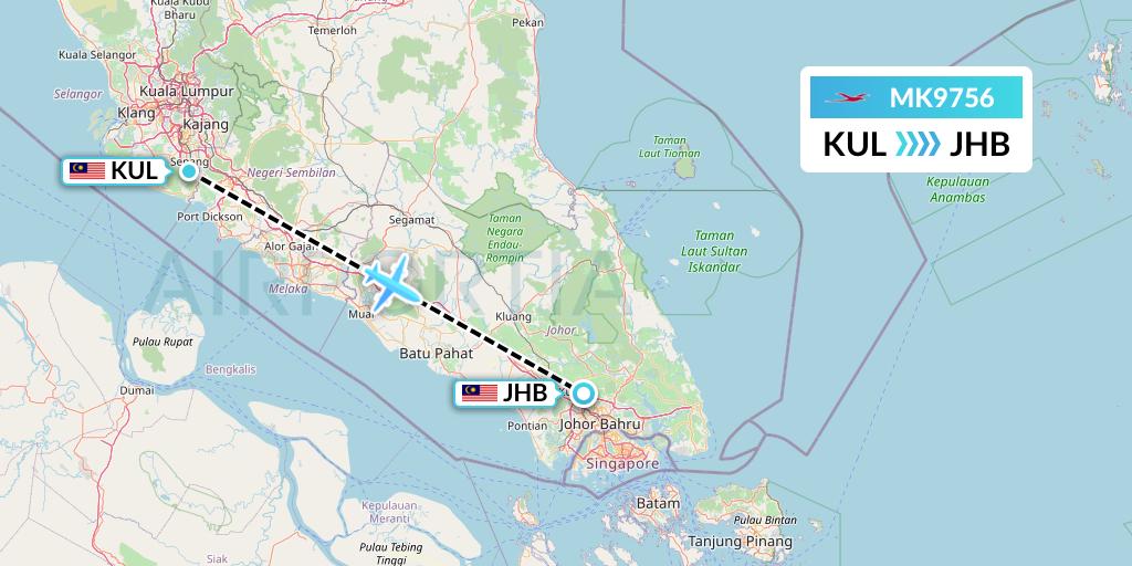 MK9756 Air Mauritius Flight Map: Kuala Lumpur to Johor Bahru