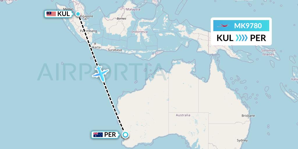 MK9780 Air Mauritius Flight Map: Kuala Lumpur to Perth