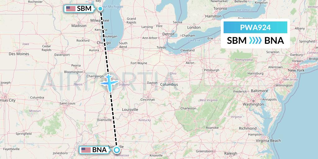 PWA924 Priester Aviation Flight Map: Sheboygan to Nashville