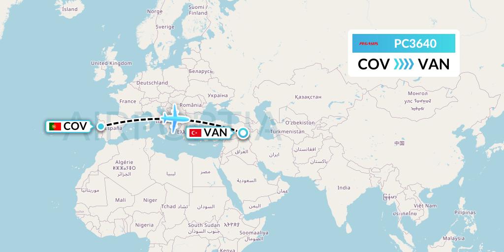 PC3640 Pegasus Airlines Flight Map: Portugal to Van