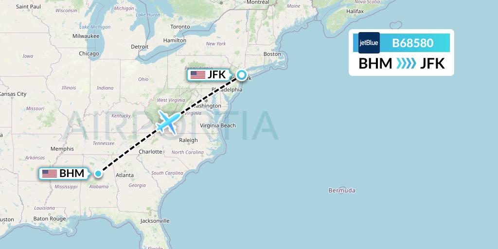 B68580 JetBlue Airways Flight Map: Birmingham to New York