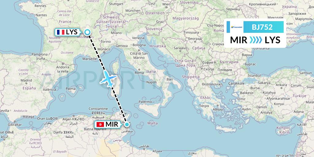 BJ752 Nouvelair Tunisie Flight Map: Monastir to Lyon