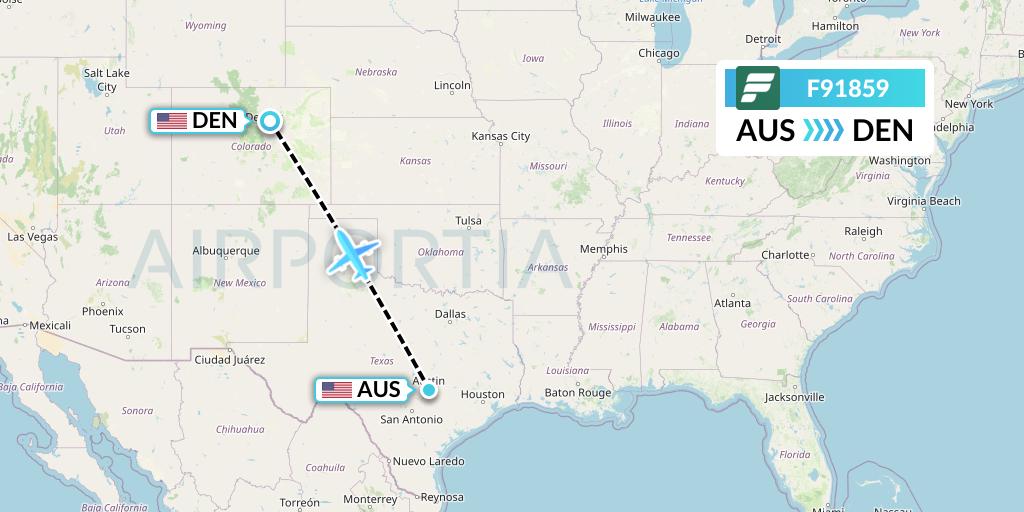 F91859 Frontier Airlines Flight Map: Austin to Denver
