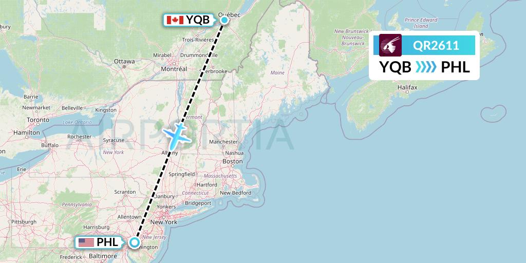 QR2611 Qatar Airways Flight Map: Quebec to Philadelphia