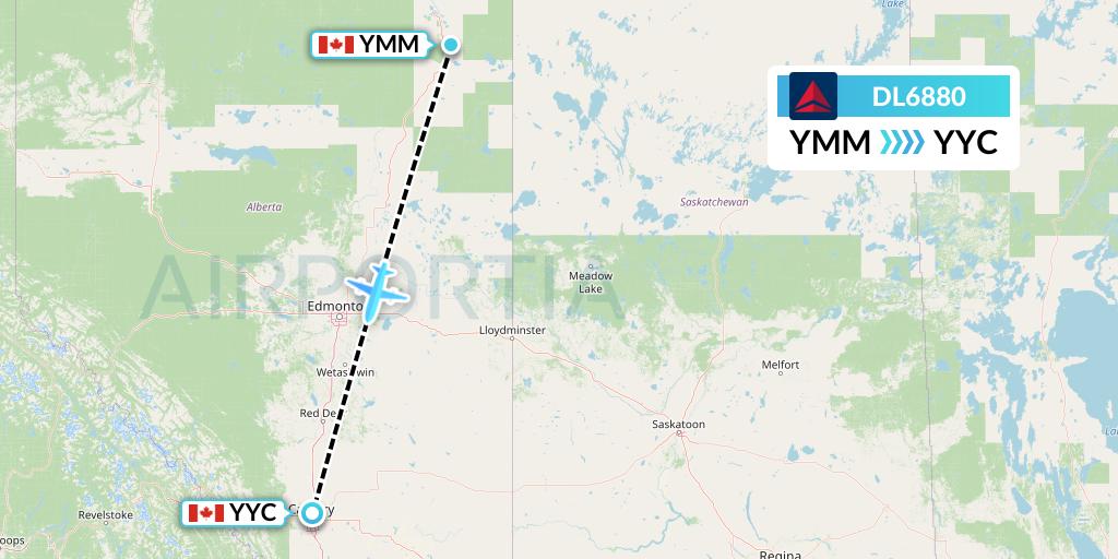 DL6880 Delta Air Lines Flight Map: Fort McMurray to Calgary