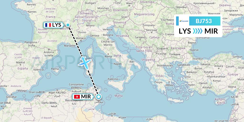 BJ753 Nouvelair Tunisie Flight Map: Lyon to Monastir