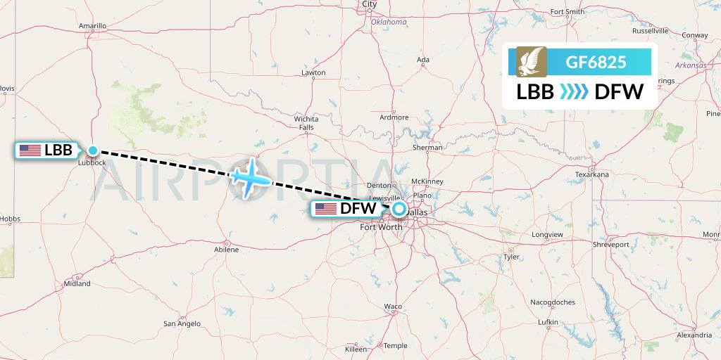 GF6825 Gulf Air Flight Map: Lubbock to Dallas