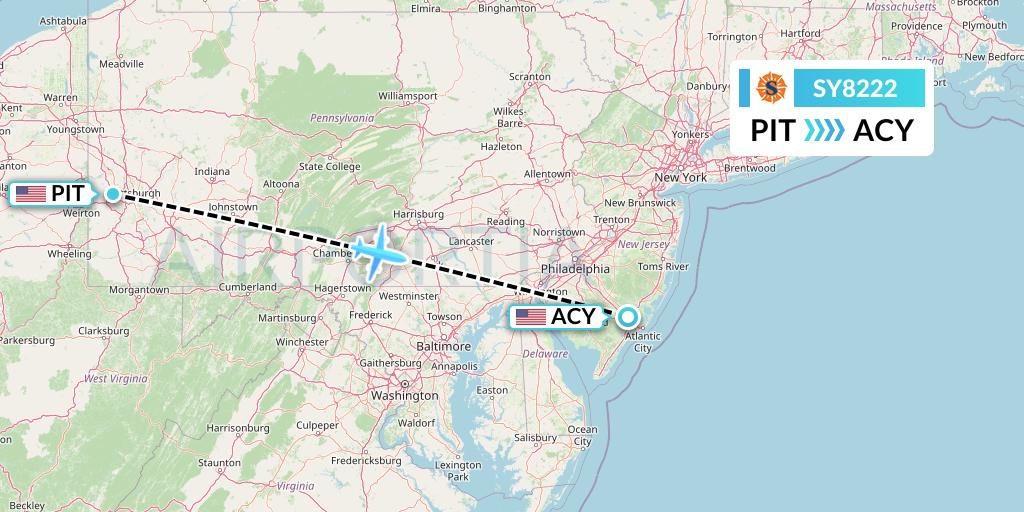 SY8222 Sun Country Airlines Flight Map: Pittsburgh to Atlantic City