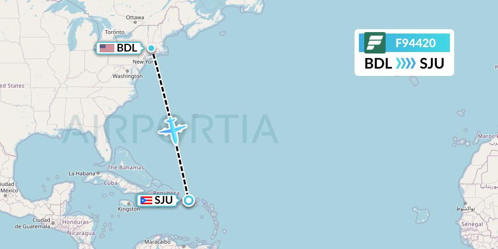 F94420 Frontier Airlines Flight Map: Windsor Locks to San Juan
