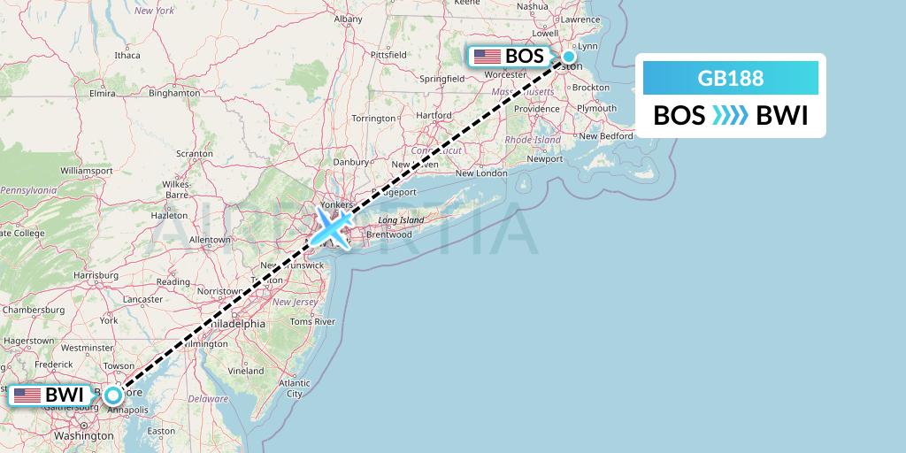 GB188 ABX Air Flight Map: Boston to Baltimore