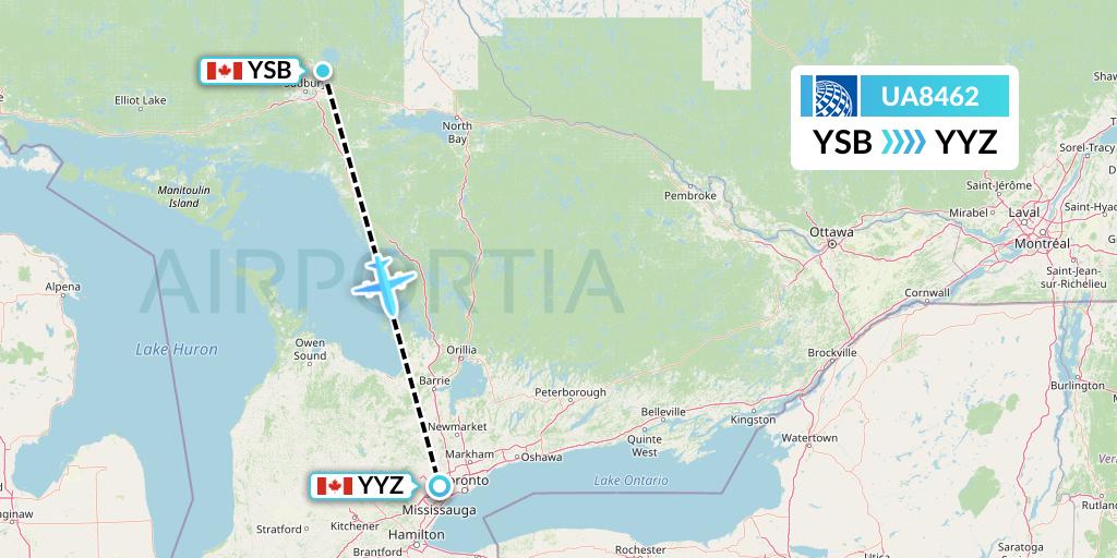 UA8462 United Airlines Flight Map: Sudbury to Toronto