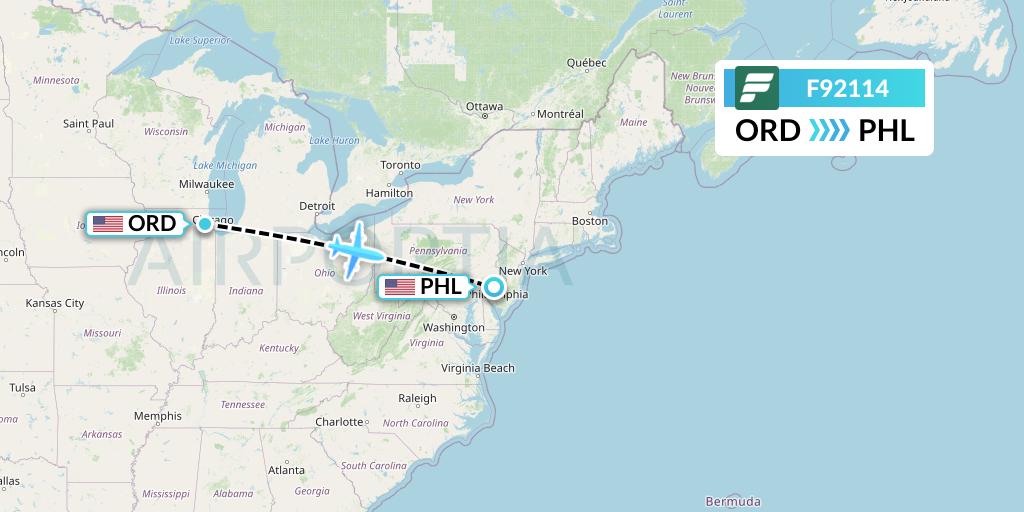 F92114 Frontier Airlines Flight Map: Chicago to Philadelphia