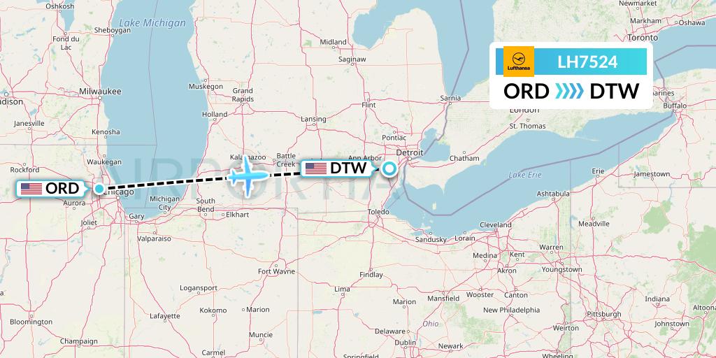 LH7524 Lufthansa Flight Map: Chicago to Detroit