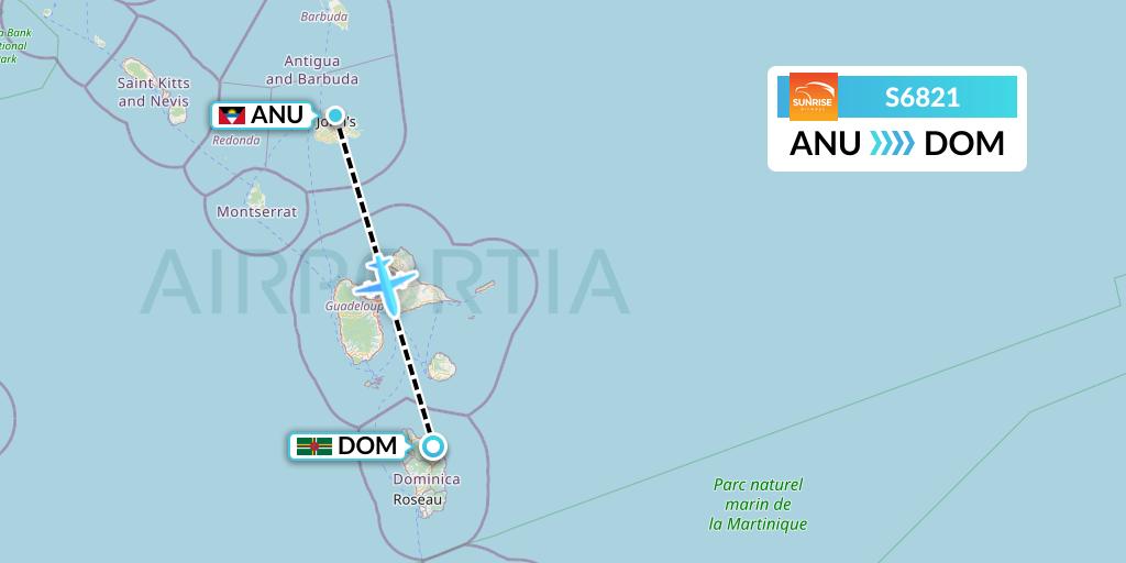 S6821 Sunrise Airways Flight Map: Antigua to Dominica