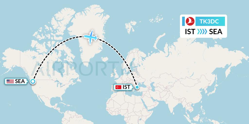 TK3DC Turkish Airlines Flight Map: Istanbul to Seattle