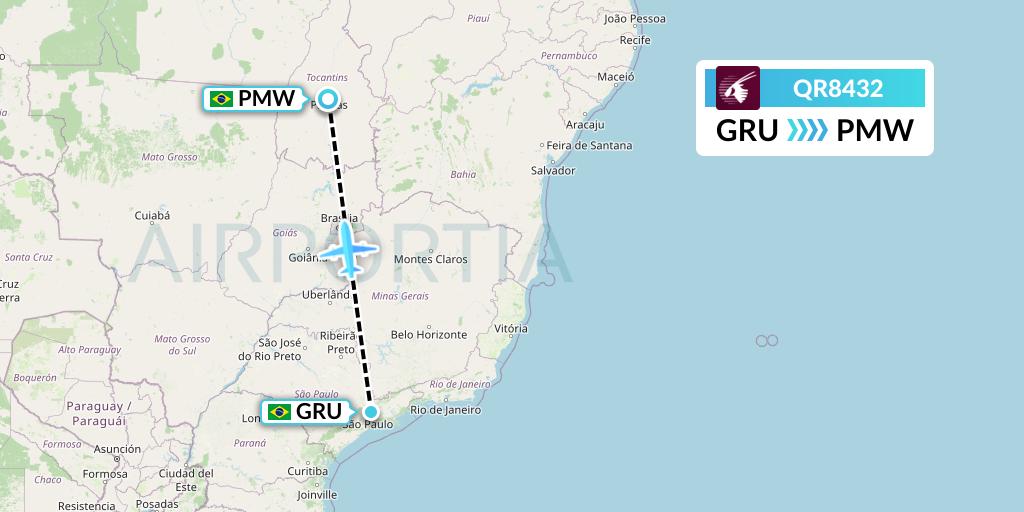 QR8432 Qatar Airways Flight Map: Sao Paulo to Palmas