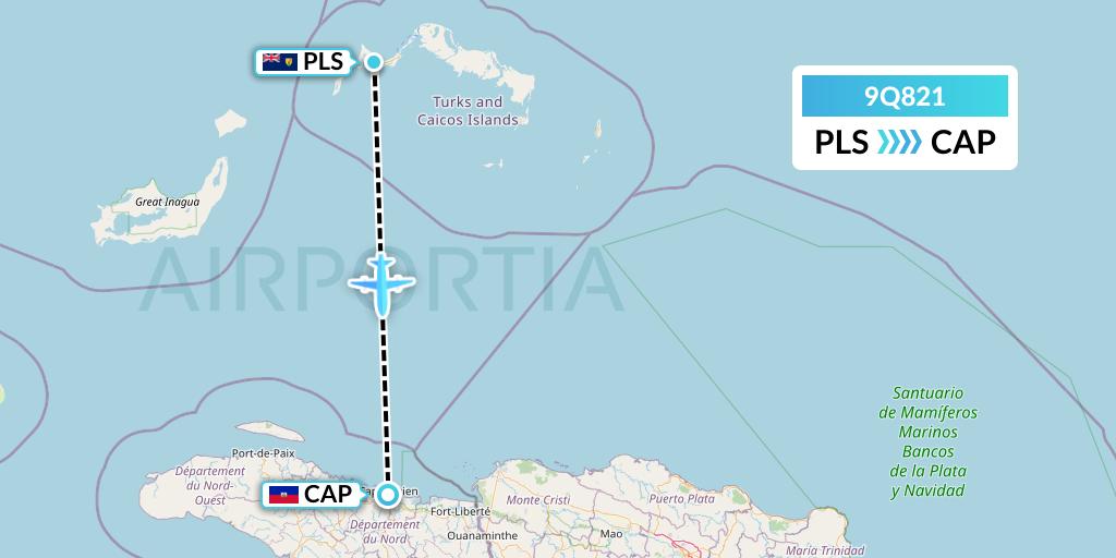 9Q821 Caicos Express Airways Flight Map: Providenciales to Cap-Haitien