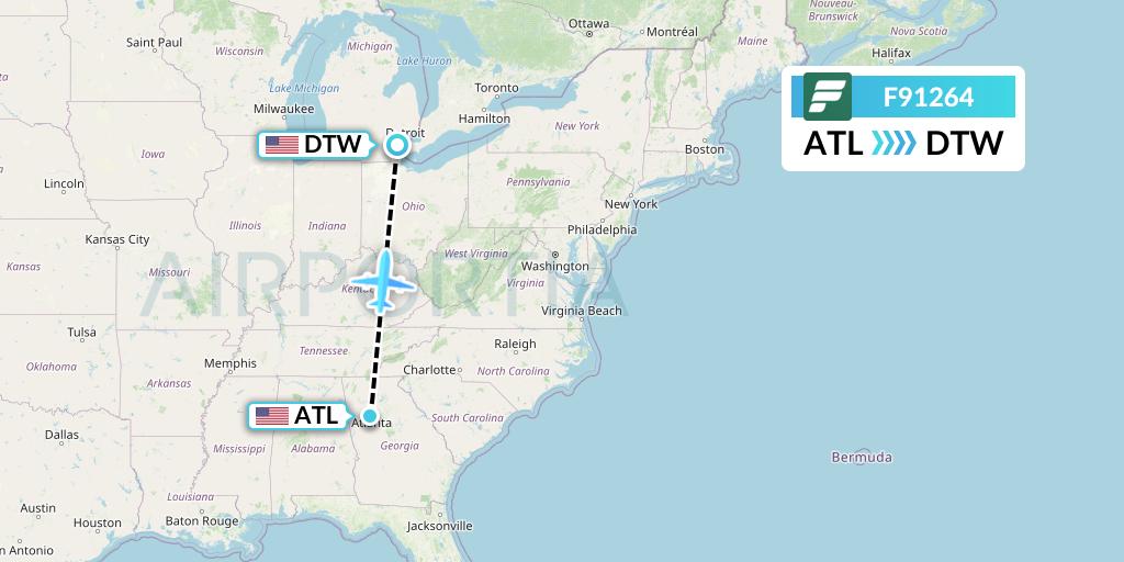F91264 Frontier Airlines Flight Map: Atlanta to Detroit
