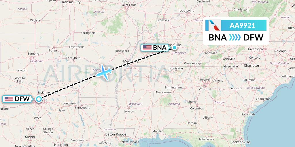 AA9921 American Airlines Flight Map: Nashville to Dallas