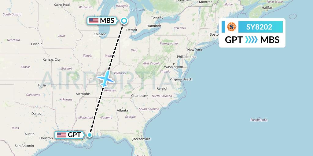 SY8202 Sun Country Airlines Flight Map: Gulfport to Saginaw