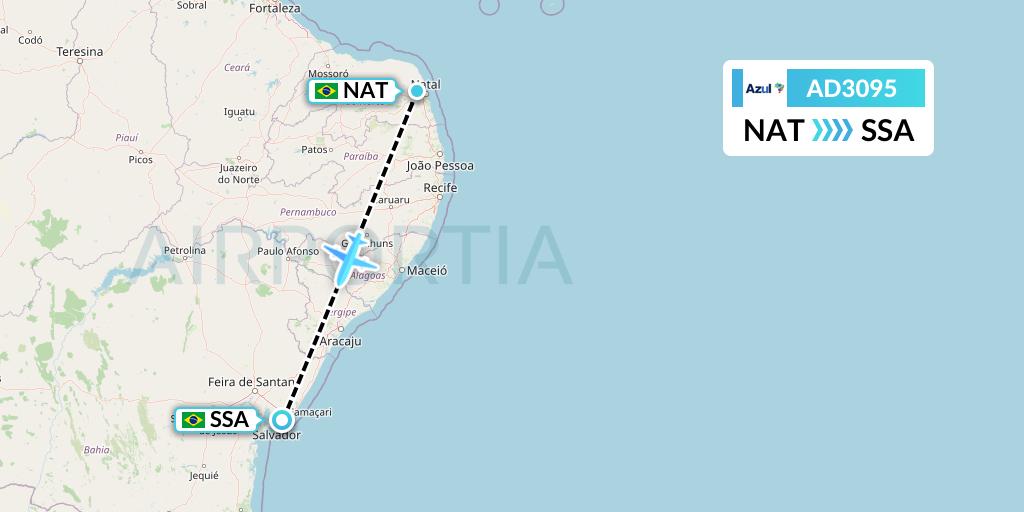 AD3095 Azul Brazilian Airlines Flight Map: Natal to Salvador