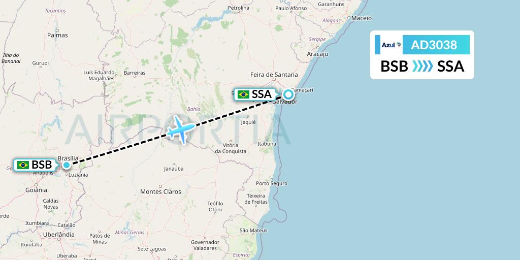 AD3038 Azul Brazilian Airlines Flight Map: Brasilia to Salvador