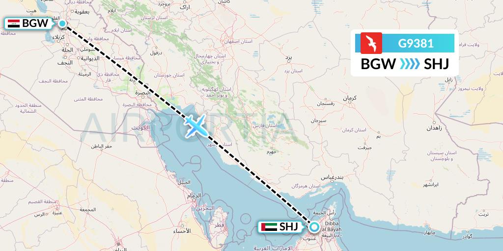 G9381 Air Arabia Flight Map: Baghdad to Sharjah