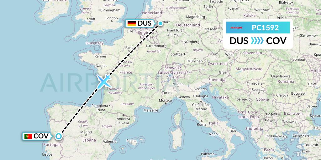 PC1592 Pegasus Airlines Flight Map: Dusseldorf to Portugal