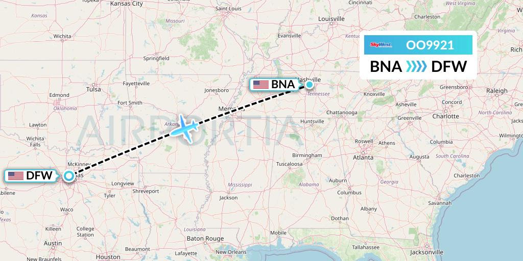 OO9921 SkyWest Airlines Flight Map: Nashville to Dallas