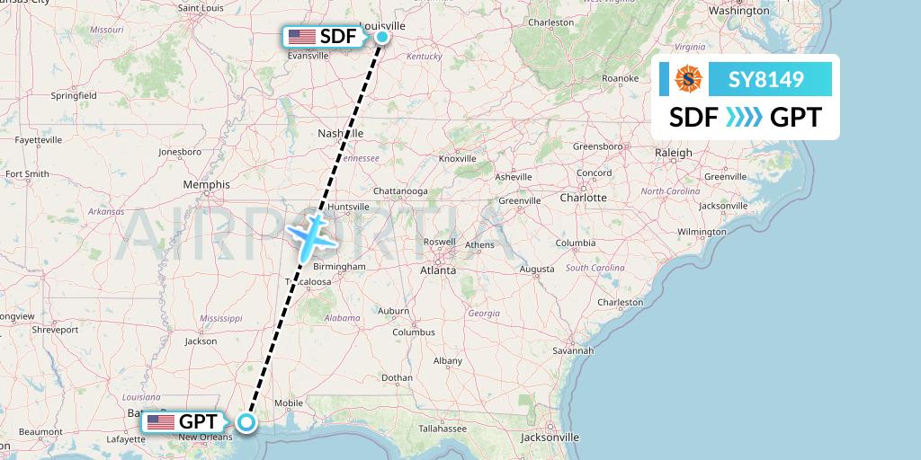 SY8149 Sun Country Airlines Flight Map: Louisville to Gulfport