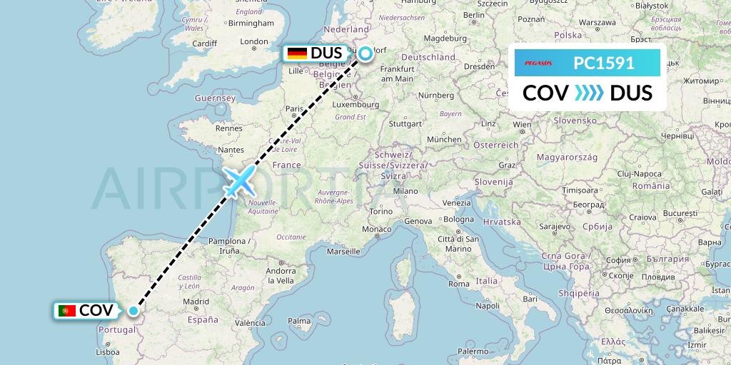 PC1591 Pegasus Airlines Flight Map: Portugal to Dusseldorf