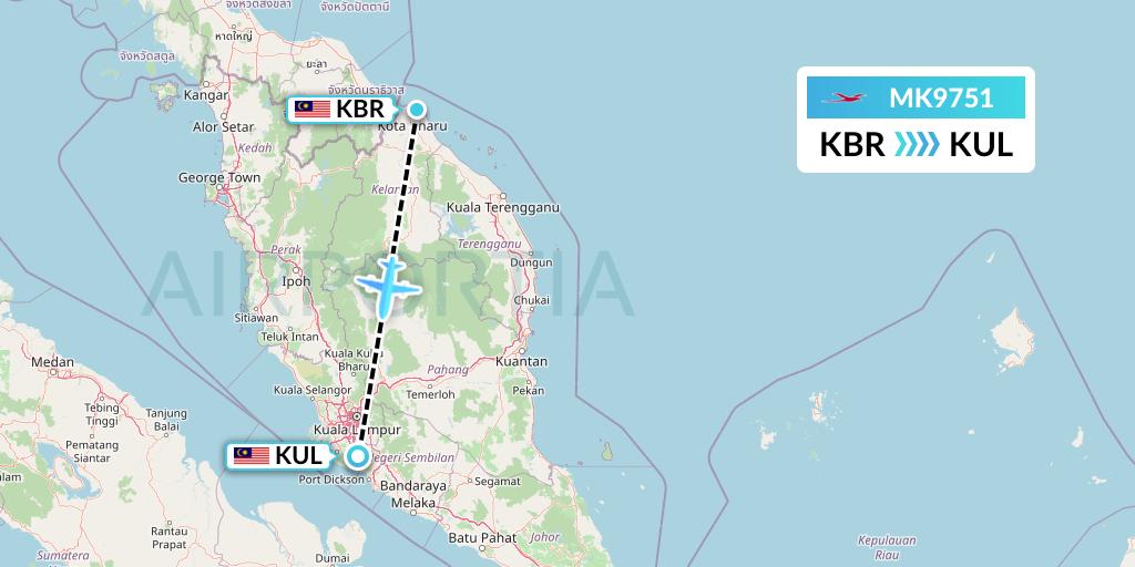 MK9751 Air Mauritius Flight Map: Kota Bharu to Kuala Lumpur