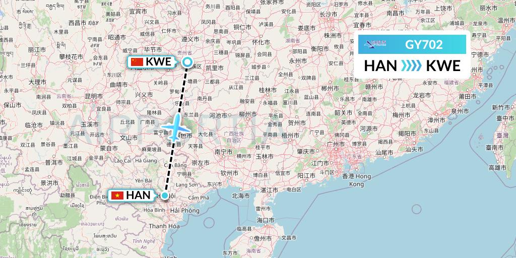 GY702 Colorful GuiZhou Airlines Flight Map: Hanoi to Guiyang