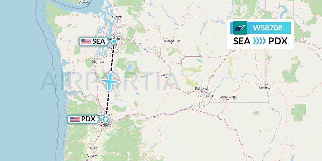 WS8708 WestJet Flight Map: Seattle to Portland