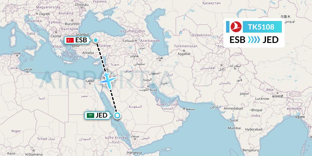 TK5108 Turkish Airlines Flight Map: Ankara to Jeddah