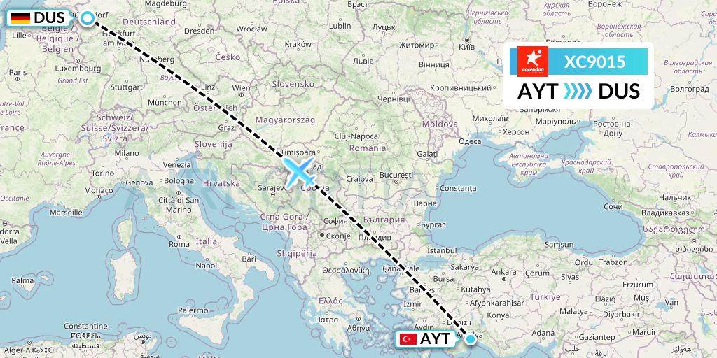 XC9015 Corendon Airlines Flight Map: Antalya to Dusseldorf