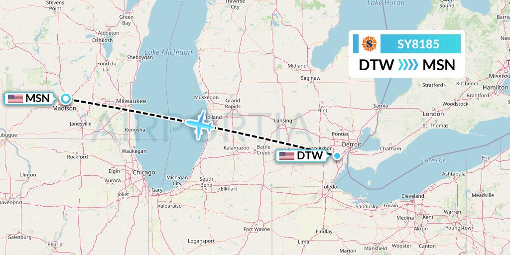 SY8185 Sun Country Airlines Flight Map: Detroit to Madison