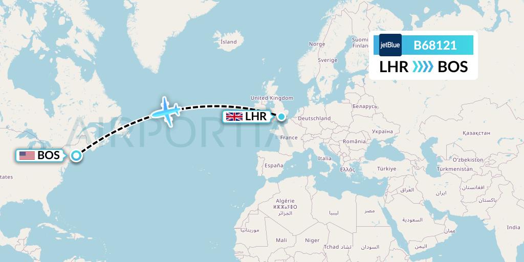 B68121 JetBlue Airways Flight Map: London to Boston