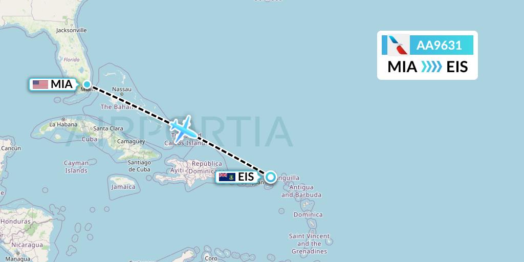 AA9631 American Airlines Flight Map: Miami to Beef Island