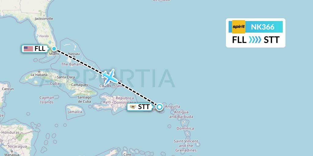 NK366 Spirit Airlines Flight Map: Fort Lauderdale to St. Thomas