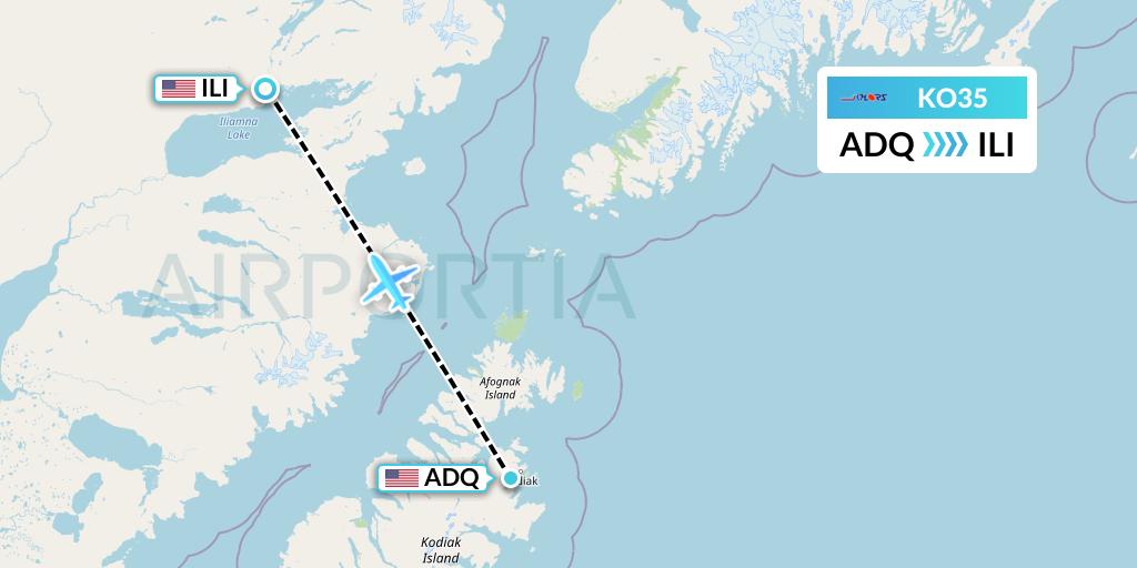 KO35 Komiaviatrans Flight Map: Kodiak to Iliamna