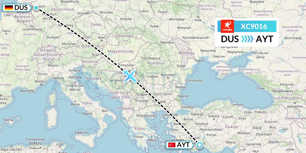 XC9016 Corendon Airlines Flight Map: Dusseldorf to Antalya