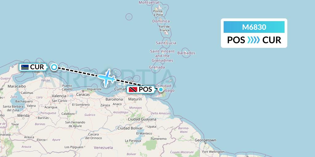 M6830 Amerijet International Flight Map: Port of Spain to Willemstad