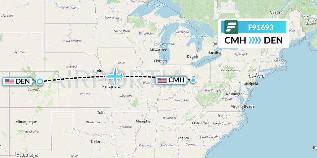 F91693 Frontier Airlines Flight Map: Columbus to Denver