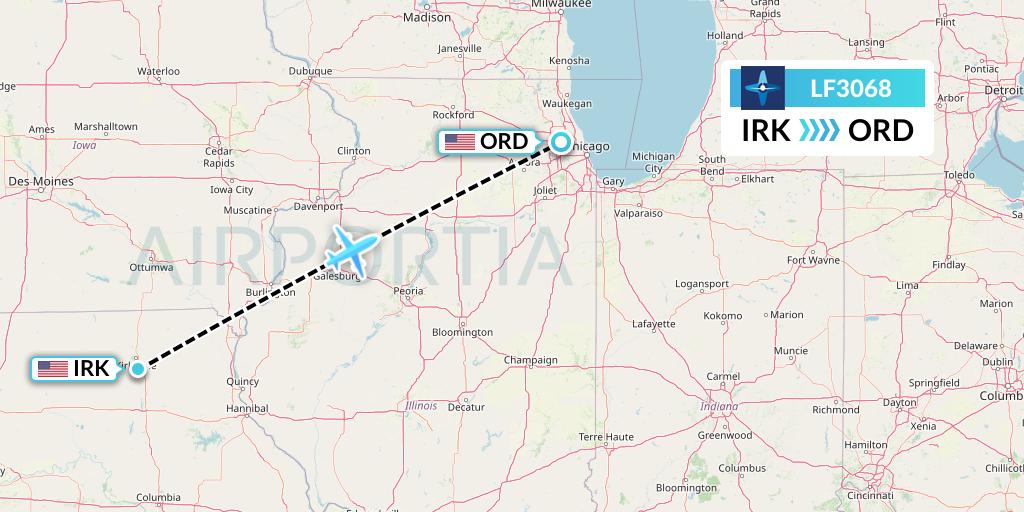 LF3068 Corporate Flight Management Flight Map: Kirksville to Chicago