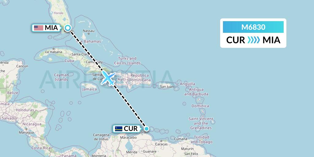 M6830 Amerijet International Flight Map: Willemstad to Miami
