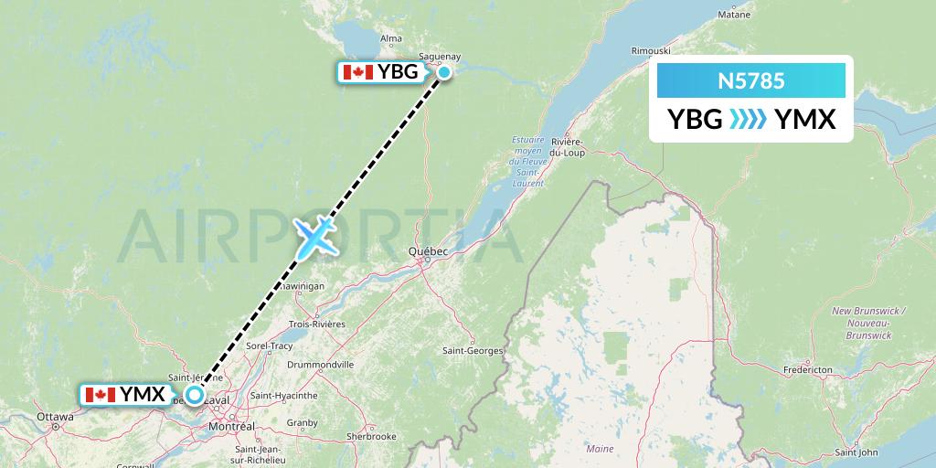 N5785 Nolinor Aviation Flight Map: Saguenay to Montreal