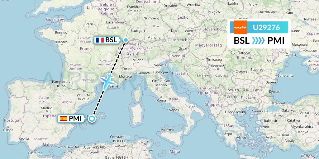 U29276 EasyJet Flight Map: Basel to Palma de Mallorca