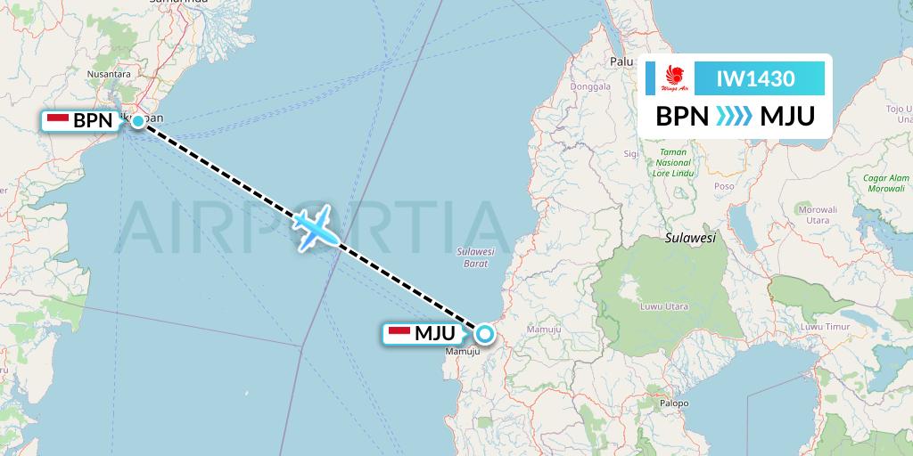 IW1430 Wings Air Flight Map: Balikpapan to Mamuju-Celebes Island